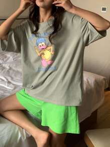 DAZY Tricou cu imprimeu de desene animate și pantaloni largi de pijama 2 buc. Costum de pijamă pentru femei