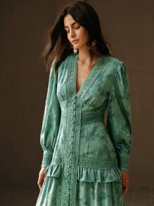 Anewsta 法式褶皱 V 领泡泡袖优雅修身连衣裙长款女装 - 墨綠色 - 查看 5