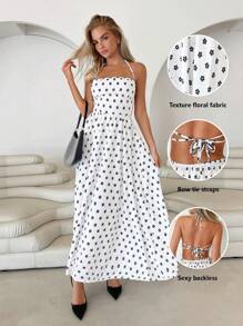 Roylia Women Floral Print Spaghetti Strap Backless A-Line Dress, Elegant Vacation Cocktail Party Versatile Dress