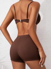 SHEIN Swim Women's Solid Color Sexy Push-Up Padded Sports Bikini Set With Textured Fabric & Matching Swim Shorts, Spring Season For Summer Beach Vacation - Coffee Brown - View 4