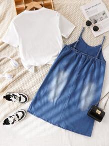 SHEIN 2 件装 Tween Girl 纯色短袖圆领 T 恤和吊带背心连衣裙套装 - 藍色 - 查看 3