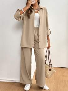 SHEIN Frenchy 2 件套女士休闲纯色卷袖长衬衫和裤子套装 - 杏色 - 查看 4