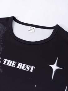 SHEIN Explorewe 2pcs/Set Tween Girls Portrait & Letter Print Casual Round Neck T-Shirt And Camouflage Print Functional Pocket Pants Cool Outfit - Black - View 5