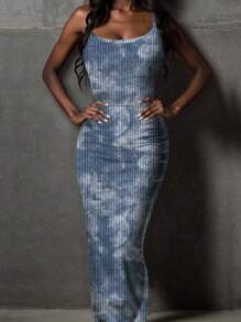 SHEIN EZwear 休闲简约街头扎染全印花无袖长裙，适合夏季