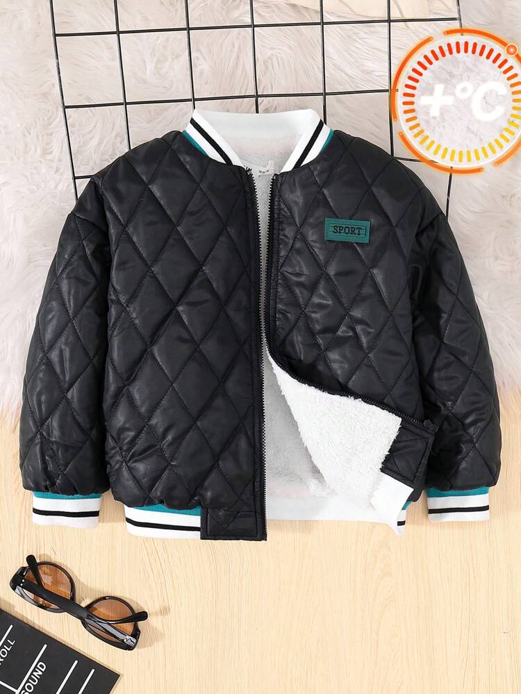 Young Boy Letter Patched Detail Striped Trim Bomber Quilted Coat