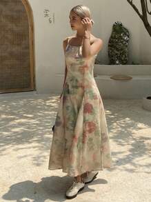 DAZY Women All-Over Print Spaghetti Strap Midi Skater Dress