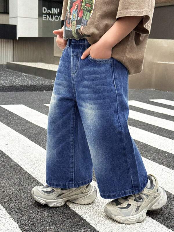 SHEIN Vaqueros de pierna ancha lavados para niño, informales