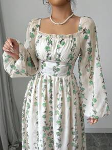 Modelyn Women's Elegant Vertical Striped Square Collar Waist A-Line Spring Summer Dress