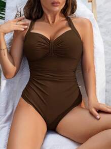 Swim DD+ 1 件女式假日纯色褶皱连体泳衣 - 棕色 - 查看 5