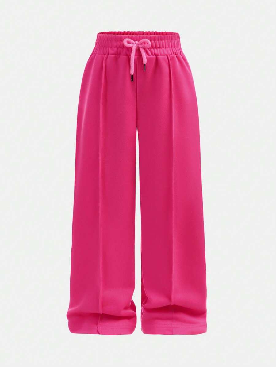 SHEIN Girls Casual Grey High Waist Straight Leg Drawstring Waist Pants, Suitable For Daily Leisure, School, Sports Outfit, Spring/Autumn - Hot Pink - View 1