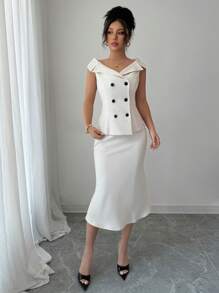 Elenzga Elegant Luxury Quality Double-Breasted Vest & Skirt Women's Suit Set - Beige - View 5