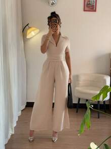 SHEIN PETITE 女士休闲修身系带卡其色连体衣，日常穿着 - 卡其色 - 查看 1