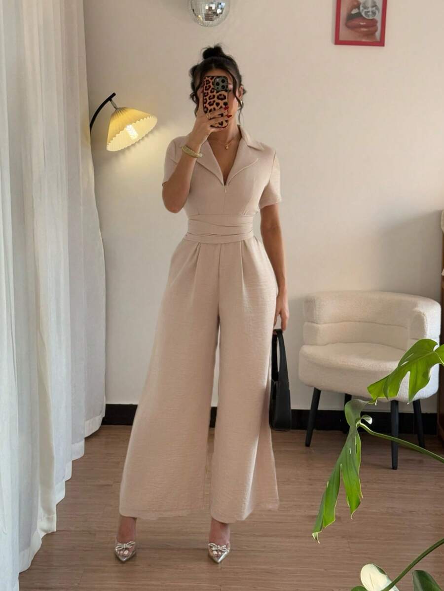 SHEIN PETITE 女士休闲修身系带卡其色连体衣，日常穿着 - 卡其色 - 查看 1