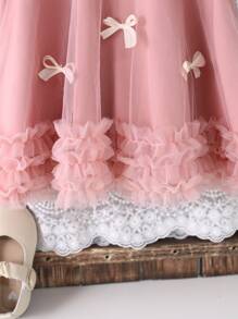 Souflis Souflis 女婴优雅甜美公主网眼吊带无袖连衣裙，粉色，蝴蝶结装饰，网眼荷叶边下摆 - 藕粉色 - 查看 6