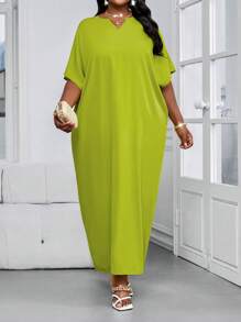 SHEIN Lady Festliches Kleid in Große Größen, Neon grün, Kurzarm, Damenkittel, locker fallend, Urlaubskleid, Bridal-Shower Kleid, Strandkleid für Damen in Große Größen, lang und schlank geschnitten - Grün - Übersicht 1
