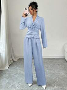 Firerie Women Solid Color Elegant Long Sleeve Wrap Shirt And Pants Set, Suitable For Everyday Commute And Business, Spring/Summer/Autumn - Baby Blue - View 1