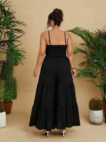 Flirla Große Größen Lässig Jumpsuit mit Spitzen-Patchwork, V-Ausschnitt und tailliertem Bund in A-Linie - Schwarz - Übersicht 2