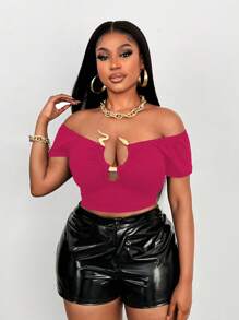 Maweii Plus Size Women Metal Snake Skin Print Decor Blouse - Hot Pink - View 2