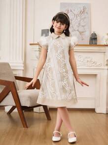 Tween Girl Casual Elegant Dantela Trim Contrast Maneca A-Line Rochie - Kaki - Vizualizare 4