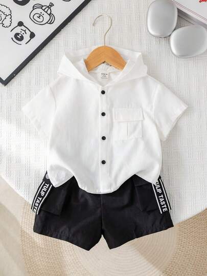 SHEIN Young Boys' Comfortable Casual Daily White Hooded Short Sleeve Shirt T-Shirt, Versatile Woven Top Suitable For Indoor, Outdoor, Daily, Sports, Play, Party, Photography, Holiday, Festivals In Spring And Summer