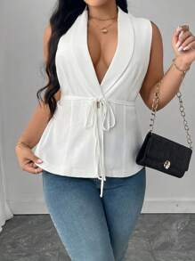 Flirla Áo cánh không tay thắt nút gỗ chéo cổ bẻ thanh lịch dành cho nữ cỡ lớn, mùa xuân/hè - trắng - Xem 5