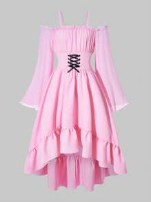 SHEIN Explorewe Tween Girl 褶饰高低优雅长袖连衣裙 - 粉色 - 查看 1