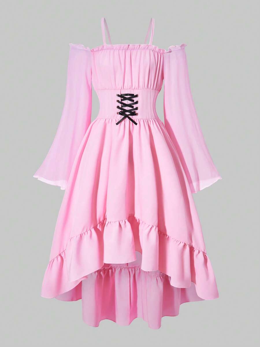 SHEIN Explorewe Tween Girl 褶饰高低优雅长袖连衣裙 - 粉色 - 查看 1