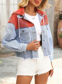 EMERY ROSE Color Block Drawstring Hoodie Denim Jacket - Blue - View 3