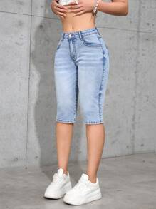 SHEIN EZwear Women's Pocket Skinny Capri Jeans, Versatile - Light Wash - View 5