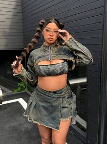 SHEIN ICON Y2K Fashion Casual Retro Short Denim Jacket - Dark Wash - View 1