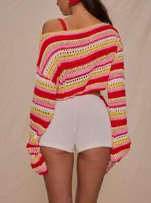 MUSERA Women Sweet Escape Beach Club Cute Girly Striped Knit Tops Sexy Ibiza Spring Summer Vacation Ibiza Festival Winter Everyday Winter Chic - Multicolor - View 3