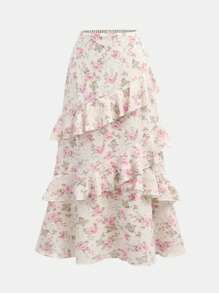 SHEIN Girlism Jupe à volants multicouches avec imprimé floral rose sur blanc, convient pour le printemps et l'été, sous-vêtements pour l'automne et l'hiver, imprimé pour les vacances, mignonne et douce