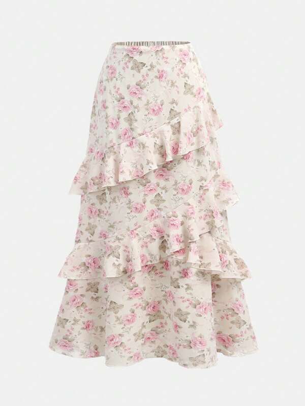 SHEIN Girlism Jupe à volants multicouches avec imprimé floral rose sur blanc, convient pour le printemps et l'été, sous-vêtements pour l'automne et l'hiver, imprimé pour les vacances, mignonne et douce