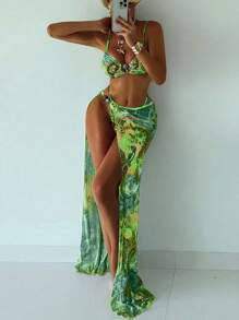 Swim SXY 3 件套春假女士沙滩装夏季服装，随机颜色花卉印花比基尼套装带金属装饰，三角形下装，高开叉裙，波西米亚风