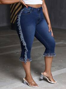 SHEIN SXY 大码弹力牛仔裤 3/4 裤 带磨边 - 深色水洗藍 - 查看 3