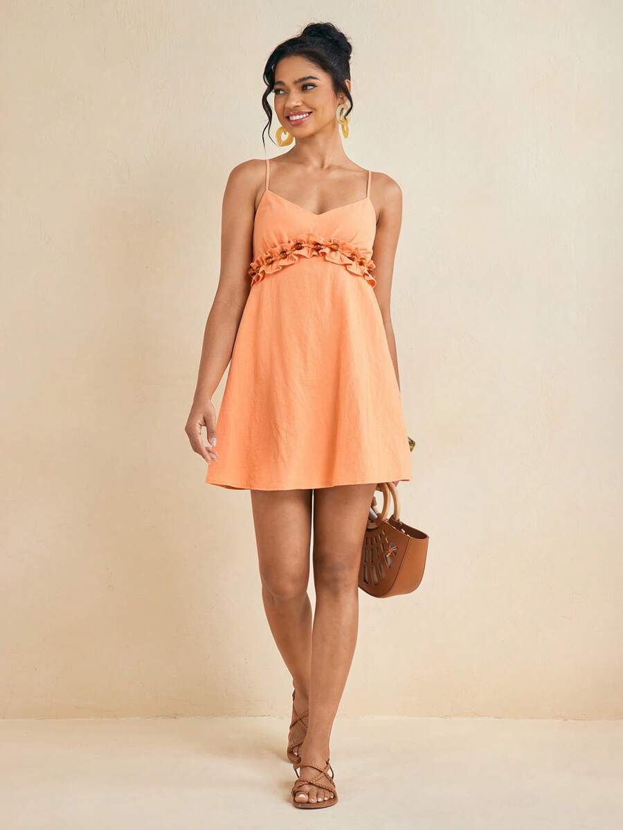 BY FELIZIA Orange Suspender Beaded Ruffle Summer Resort Casual Party Mini Dress Women Easter Dress Summer Outfits For Women Women Summer Outfits Vacation Dresses For Women - Orange - View 1