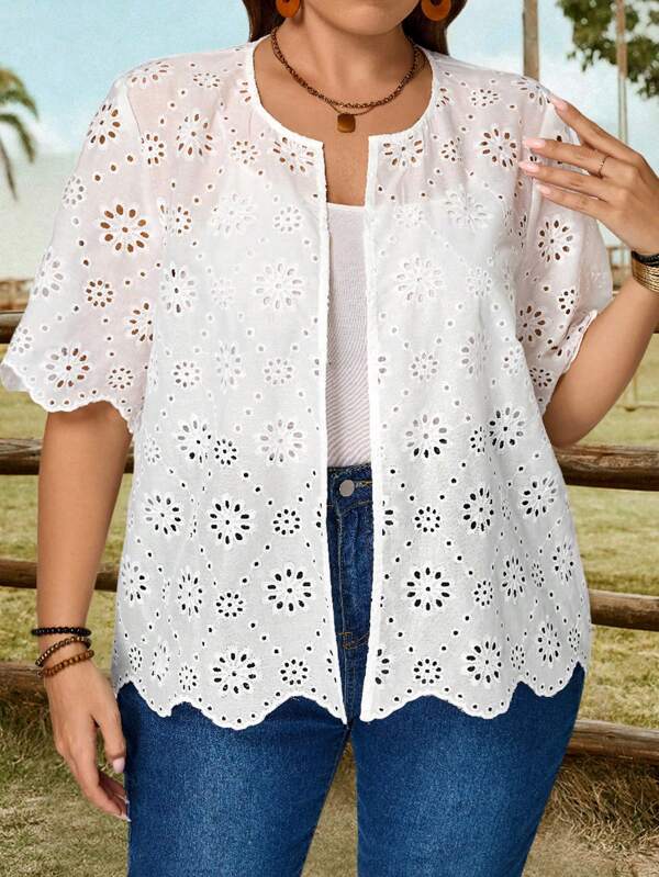 EMERY ROSE Veste d'été à manches courtes avec broderie florale, ouverte sur le devant, pour femmes grandes tailles