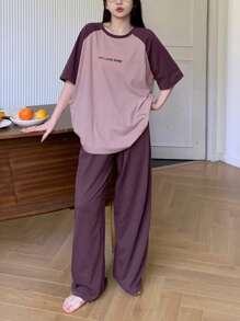 DAZY 2pcs Letter Print Raglan Sleeve Loose Short Sleeve Women Pajama Set - Purple - View 5