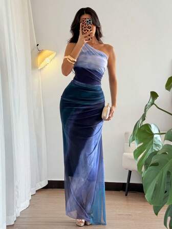 Rafferiza Graderad färg Hög slits asymmetrisk krage Ruched Tyll Dress Maxi Kvinnor Outfit