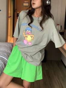 DAZY Tricou cu imprimeu de desene animate și pantaloni largi de pijama 2 buc. Costum de pijamă pentru femei