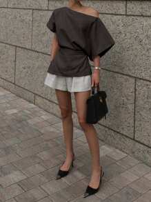 DAZY 女式纯色不对称领口蝙蝠袖休闲亚麻衬衫 Y2K - 深灰色 - 查看 2