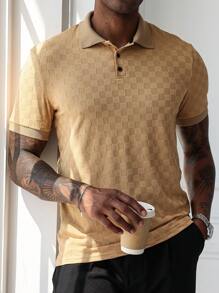 Manfinity Homme Manfinity Men's Casual Commute Jacquard Knit Short Sleeve Polo Shirt, Jacquard Fabric, Polos For Men, Polo Shirts For Men Collar, Men Clothes Men Polo Shirts