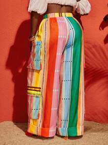 Slaydiva 2025 Spring & Summer New Music Festival Elegant Black Wide Pockets Striped Patchwork Print Linen Cargo Pants For Plus Size Women