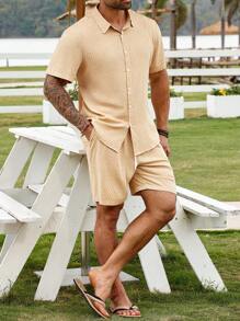 Manfinity RSRT Plus Size Woven Jacquard Striped Short Sleeve 2pc Set