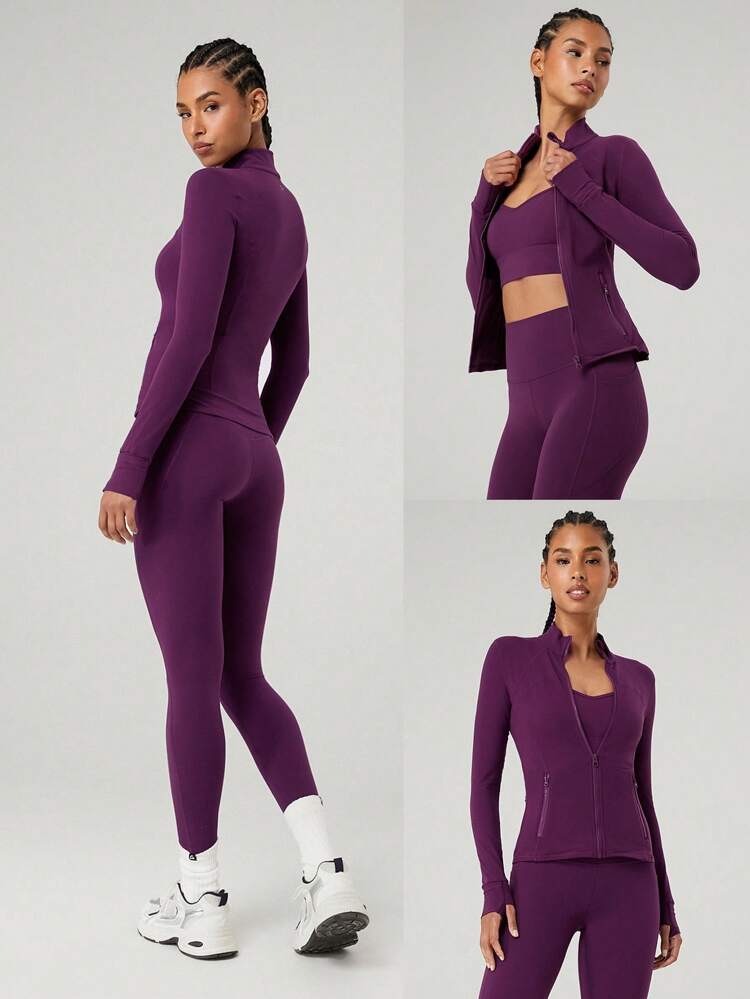 FeatherFit™ Slim-It Streamline Performance Secure Pockets Zip Up Long Sleeve Jacket Low Impact Yoga Pilates Daily Spring Summer