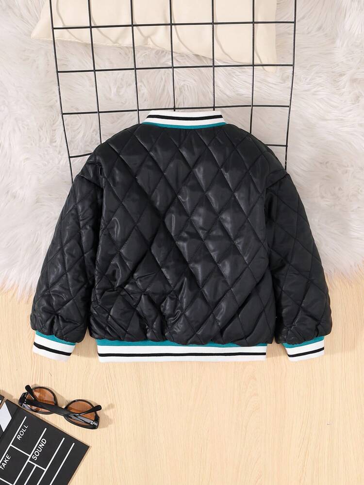Young Boy Letter Patched Detail Striped Trim Bomber Quilted Coat