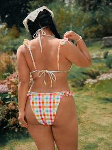 Swim Mod Bộ bikini buộc dây họa tiết kẻ caro gợi cảm dễ thương cỡ lớn cho nữ, đồ bơi thời trang thường ngày đi biển - Nhiều màu - Xem 2