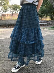 FRIFUL 女士蓝色格子薄纱高腰半身裙，甜美风格，适合娇小身材，春夏款 - 綠色 - 查看 7