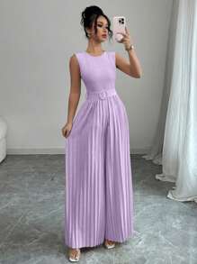Elenzga Mono de mujer con piernas anchas, hombros acolchados y cinturón de cintura de unicolor. Elegante y casual para uso diario y vacacional, sin mangas - Morado - Ver 6