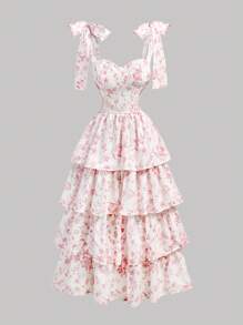 SHEIN MOD 蝴蝶结系带腰部褶皱荷叶边下摆红白花卉印花连衣裙 - 紅色 - 查看 1
